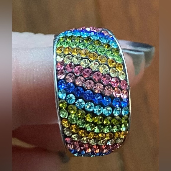 Silver tone and rainbow rhinestone hinged bangle and ring set. - Picture 2 of 5